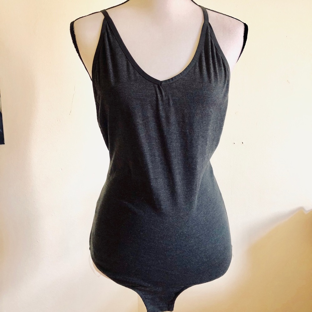 Cute charcoal cross strap v-neck bodysuit.